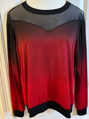 LuLaRoe Lizzy Top Black Red Ombré Crewneck long sleeve Mesh Shoulder casual Med